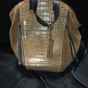 Vince Camuto bag with a suede body and a crocodile-embossed leather panel.